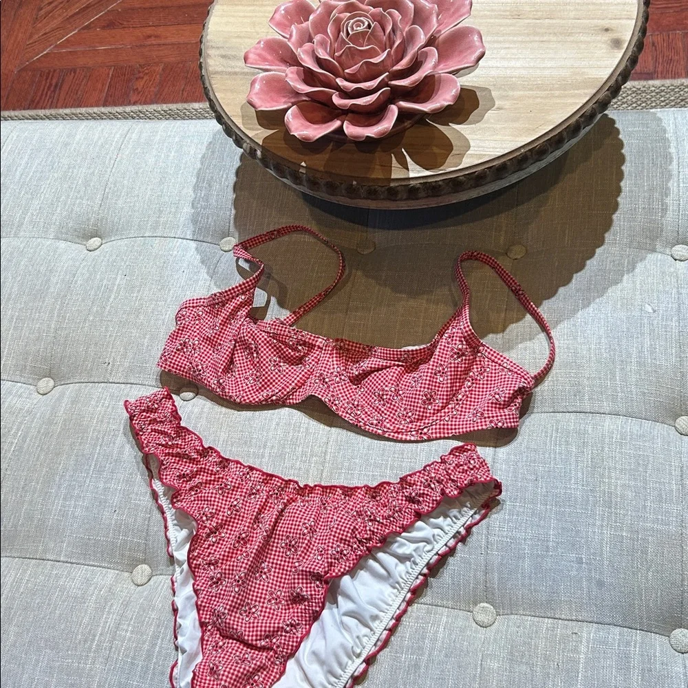 PINK By Frankies Bikinis Red Checkered Bikini Floral Bikini Top + Bottom Set